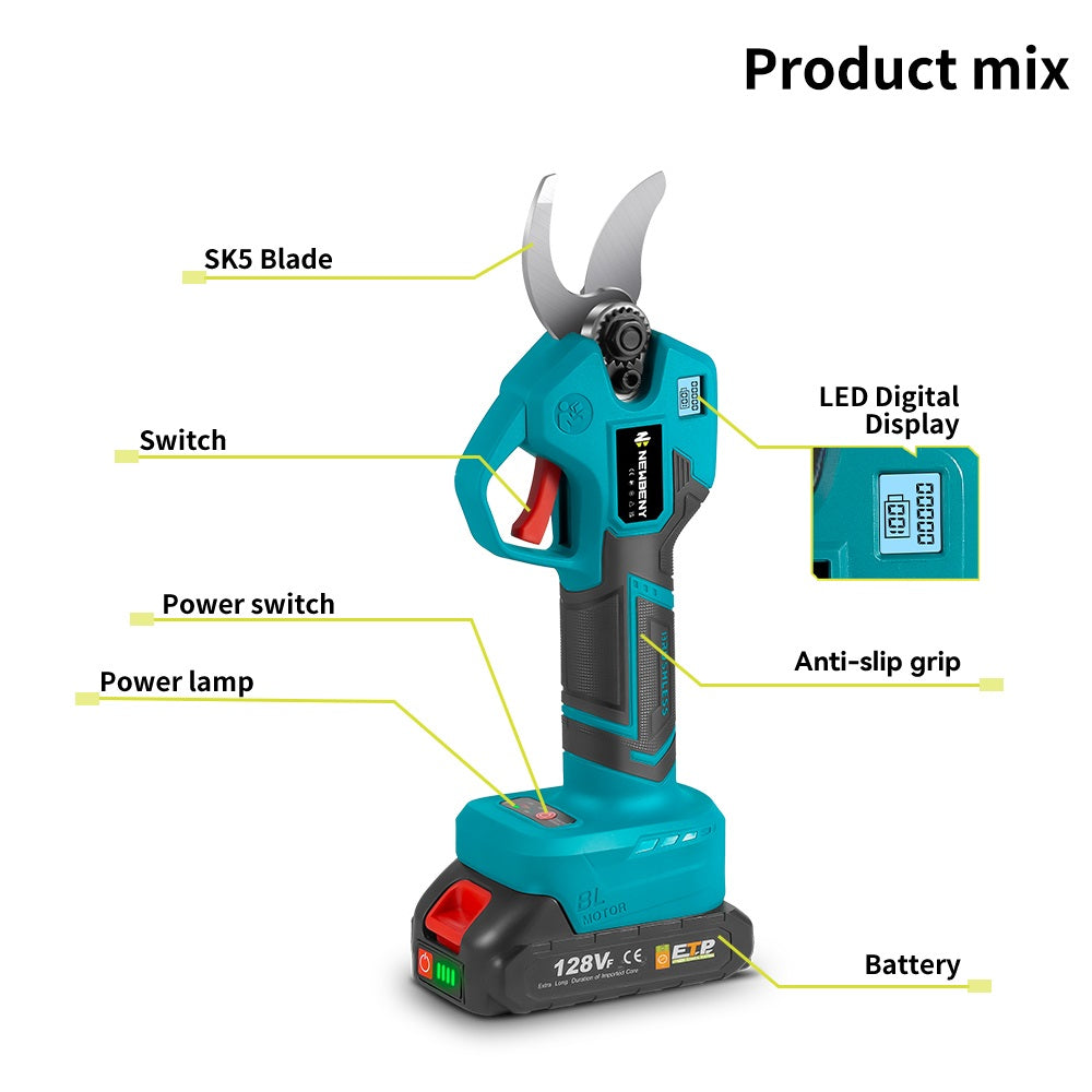 NewBeny 30mm Brushless Cordless Pruning Shears LED Display with Battery