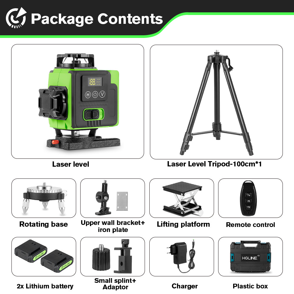 HGLINE 16-Line 4D Green Laser Level, Self-Leveling 360° Cross Line