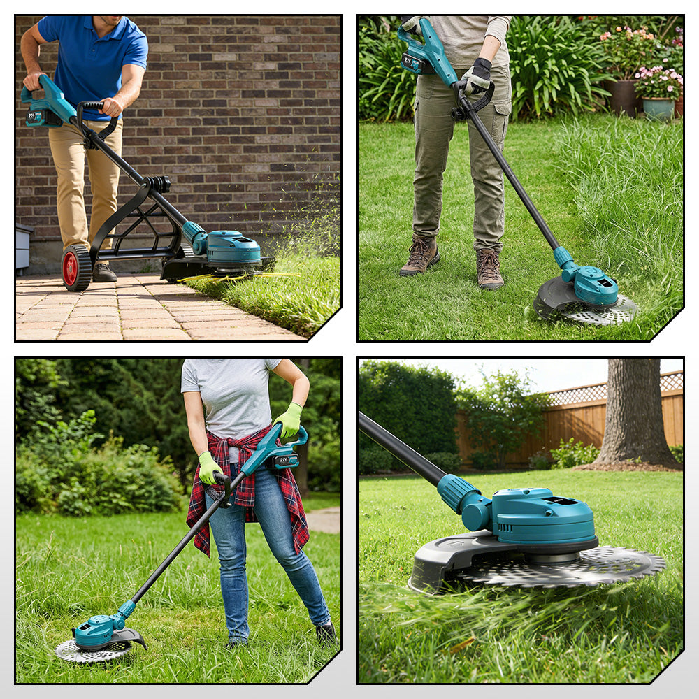 Four images showing a person using a newbeny string trimmer in different settings.