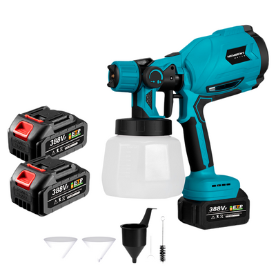 Newbeny Blue cordless spray gun with two batteries and accessories on a white background