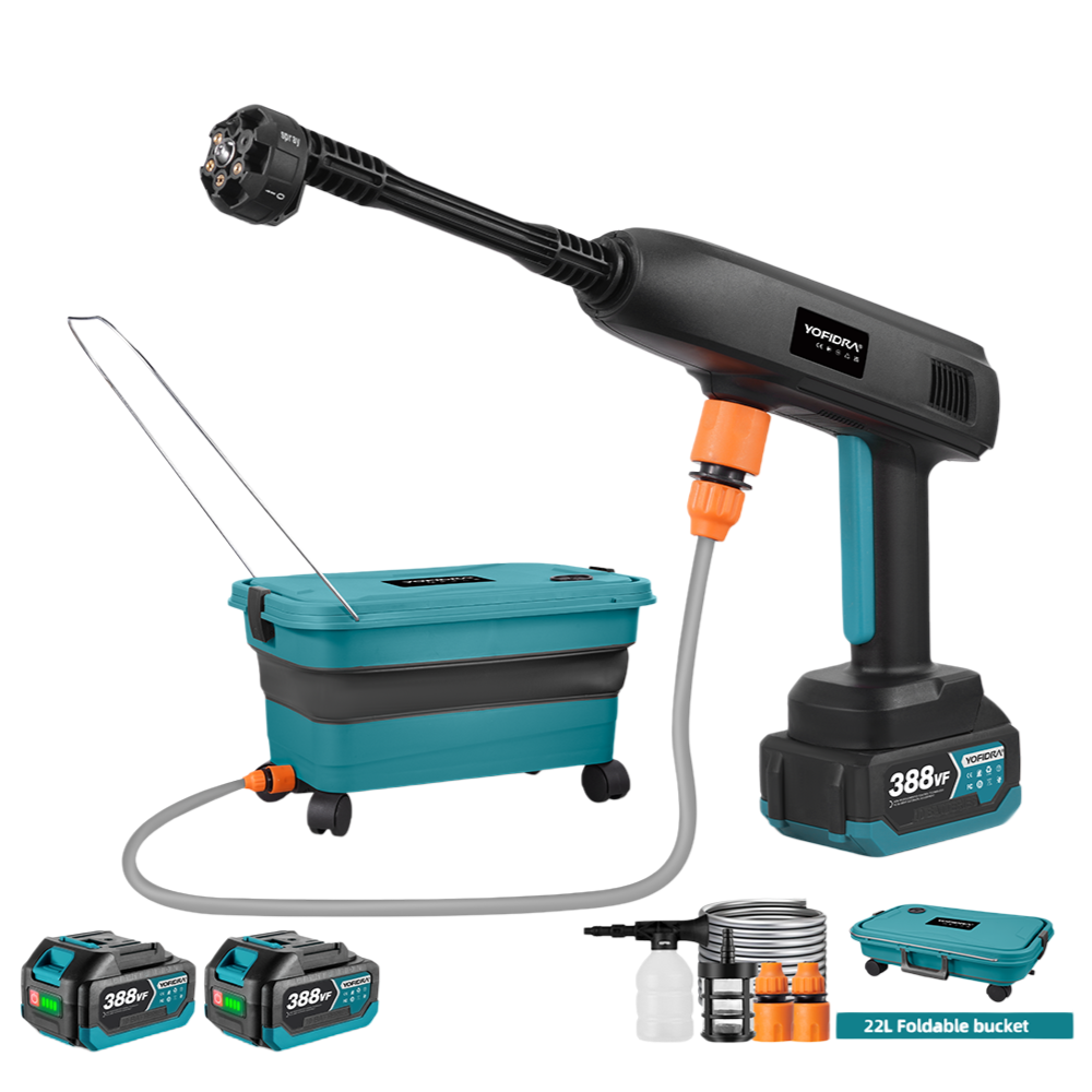 Power washer with accessories on a white background