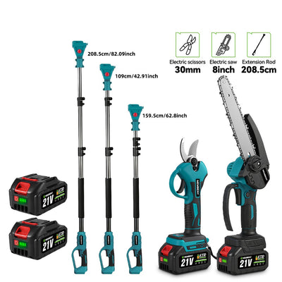NewBeny Akku-Baumpflege-Set – 8-Zoll-Kettensäge, 30-mm-Gartenschere und 208 cm Teleskopstange, 2 Akkus mit Ladegerät