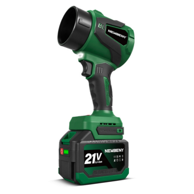 A cordless blower with a green and black body, shown with its battery pack attached on a plain white background. The brand name 'NEBENY' is clearly visible on both the tool and the battery pack.
