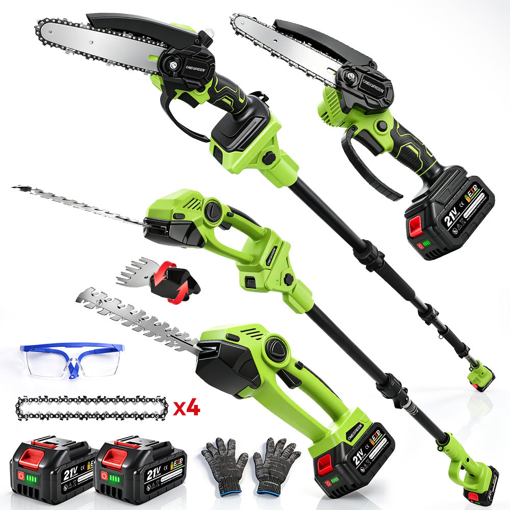 Three cordless electric tree trimmers and hedge trimmers in bright green and black are arranged on a white background, with two battery packs, a chain saw chain, safety glasses, gloves, and a x4 chain link graphic shown as included accessories.