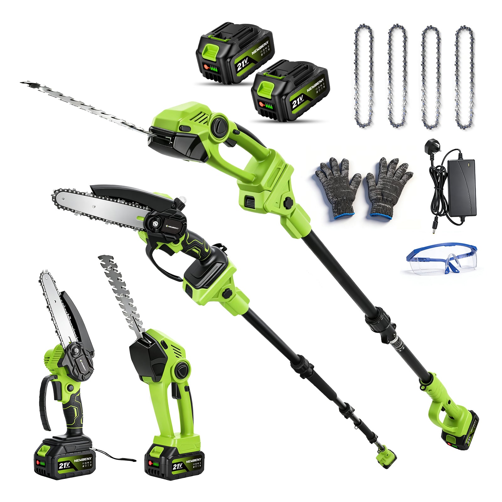 NewBeny 3-in-1 Akku-Heckenscheren-Set mit 1,6 m Teleskopstange [2 Akkus und Ladegerät enthalten]