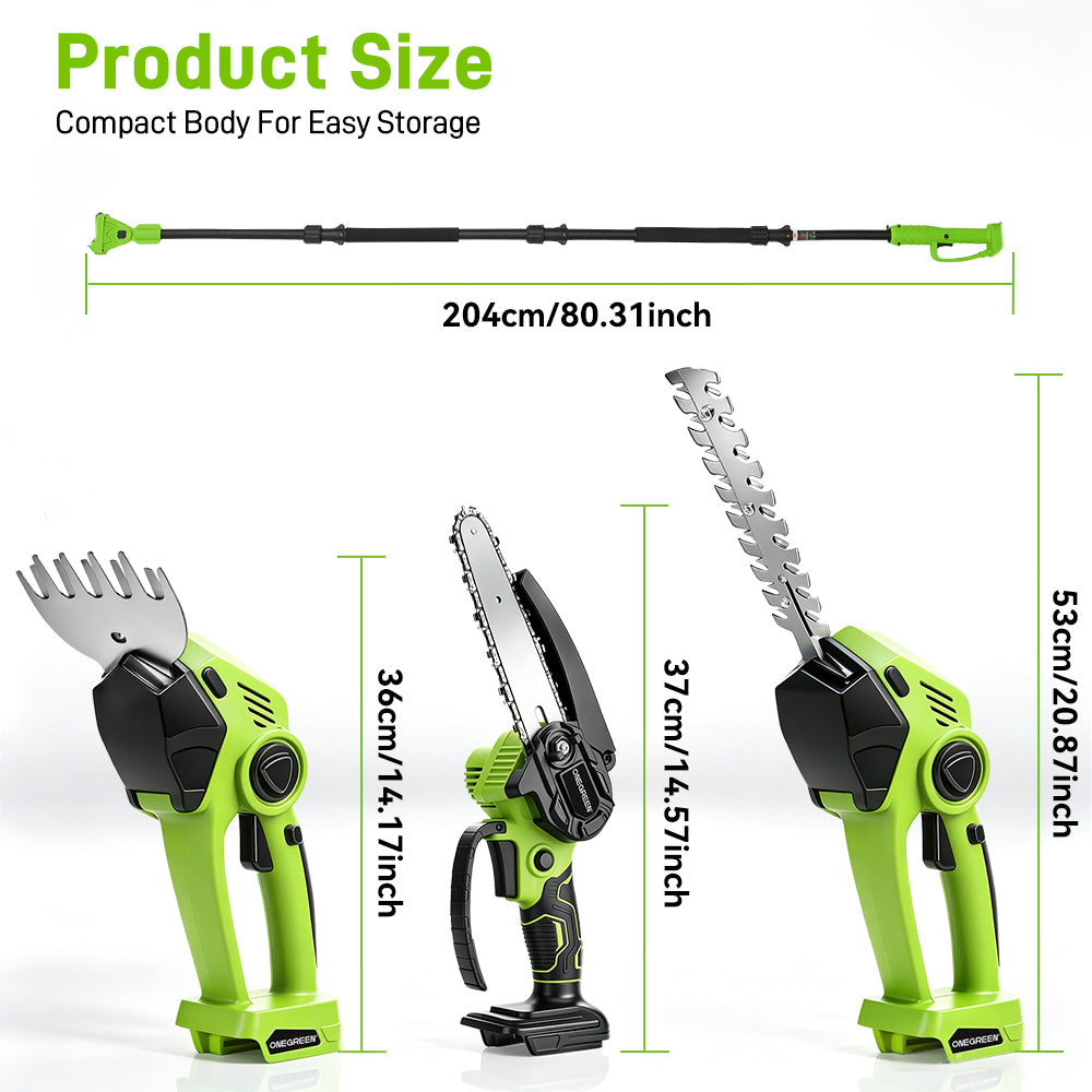 Product size chart showing three cordless hedge trimmer attachments with dimensions labeled: a long pole attachment at 204cm, a chainsaw-style attachment at 37cm, and a hedge trimmer blade attachment at 53cm. The products are lime green and black on a white background with green text reading 'Product Size' and 'Compact Body For Easy Storage'.