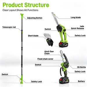 Product structure diagram showing a cordless hedge trimmer and chainsaw attachment set with labeled parts such as telescopic rod, adjusting button, switch, safety lock, long blade, short blade, 6-inch saw chain, oil bottle, and battery on a white background.
