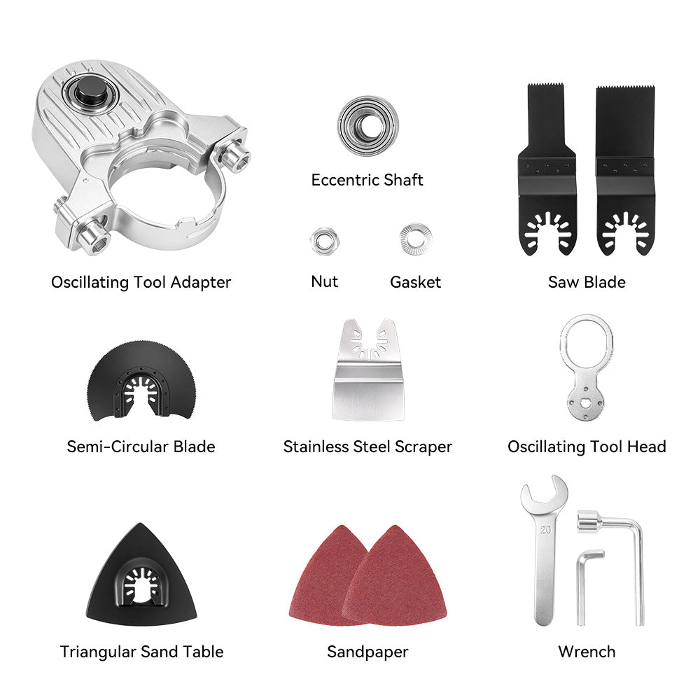 A 9-piece metal and accessory kit for a sanding table, including an oscillating tool adapter, eccentric shaft, nuts and gaskets, saw blade, semi-circular blade, stainless steel scraper, oscillating tool head, triangular sand table, sandpaper discs, and a wrench, all labeled on a white background.
