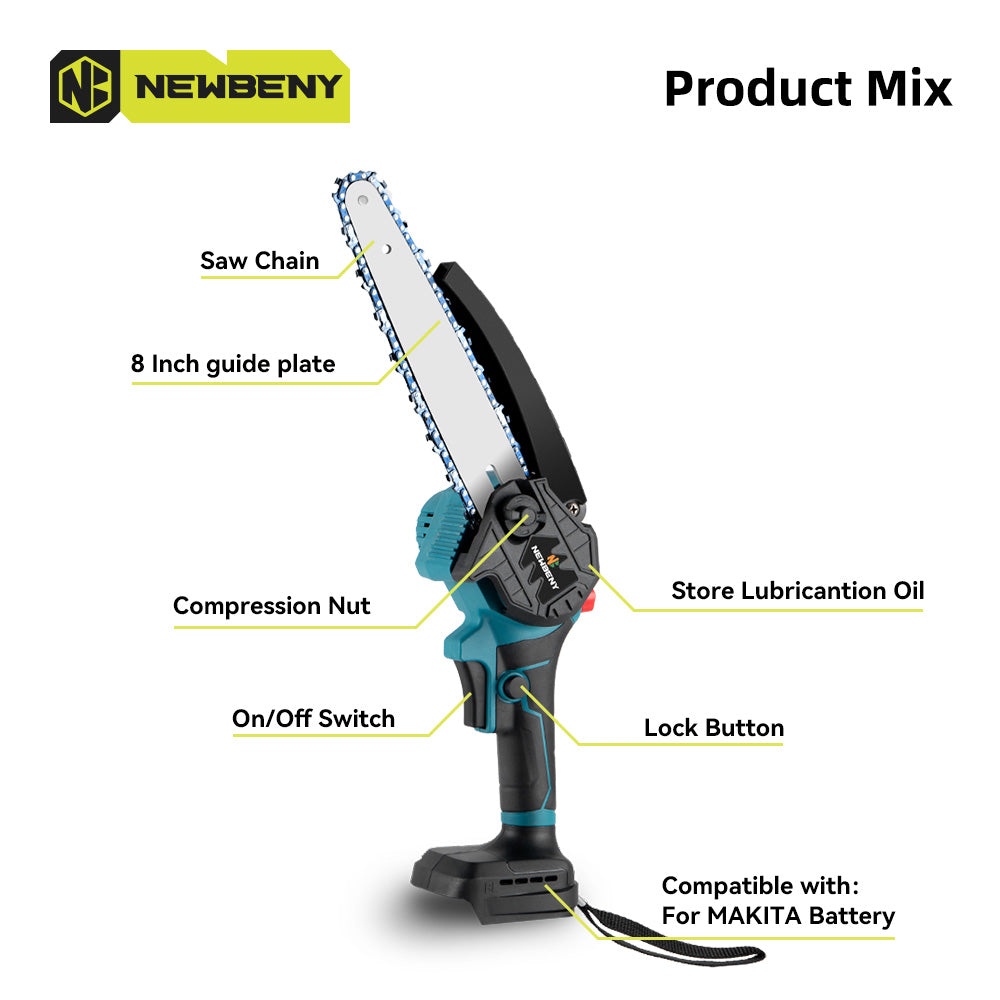 NewBeny Cordless 8" Chainsaw & 30mm Pruning Shears Combo Kit With 2 Batteries and Charger