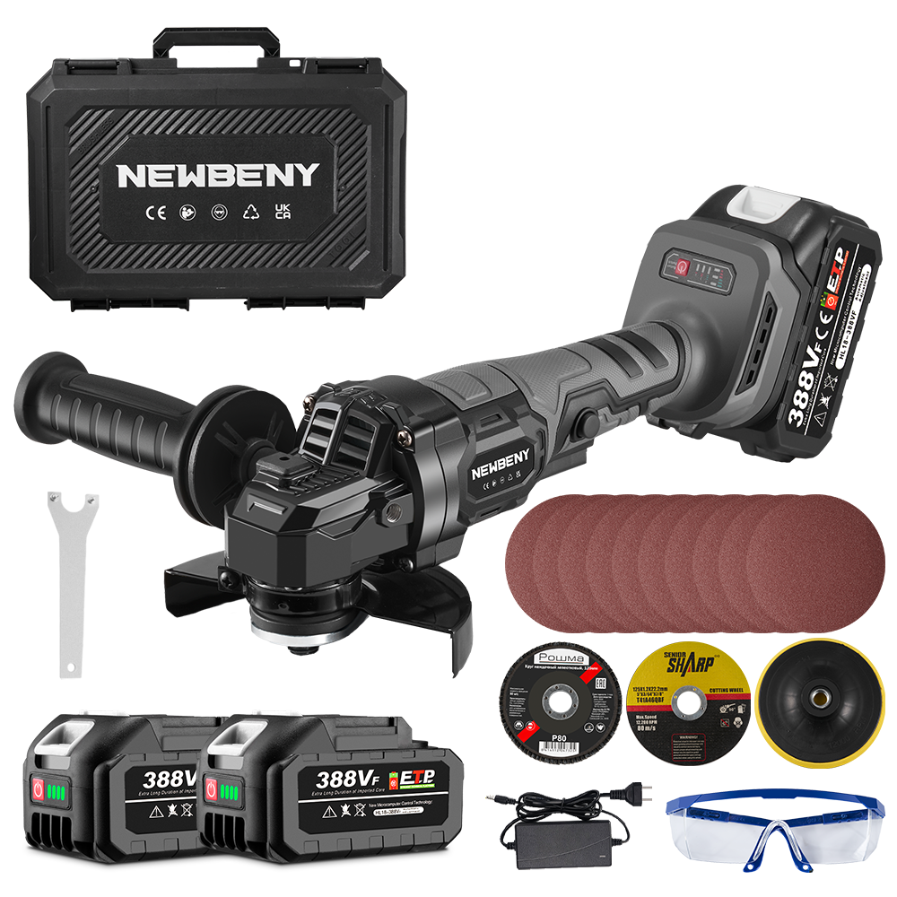 NewBeny 125mm Brushless Cordless Angle Grinder Kit With 2 Batteries & Charger