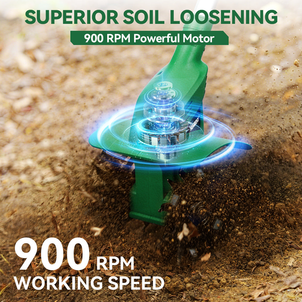 Green soil loosening tool with text highlighting superior soil loosening and powerful motor.