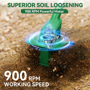 Green soil loosening tool with text highlighting superior soil loosening and powerful motor.