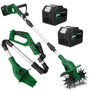 Set of green gardening tools with two batteries on a white background