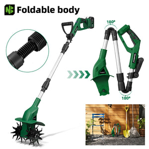 Green garden tiller with foldable body feature on a white background