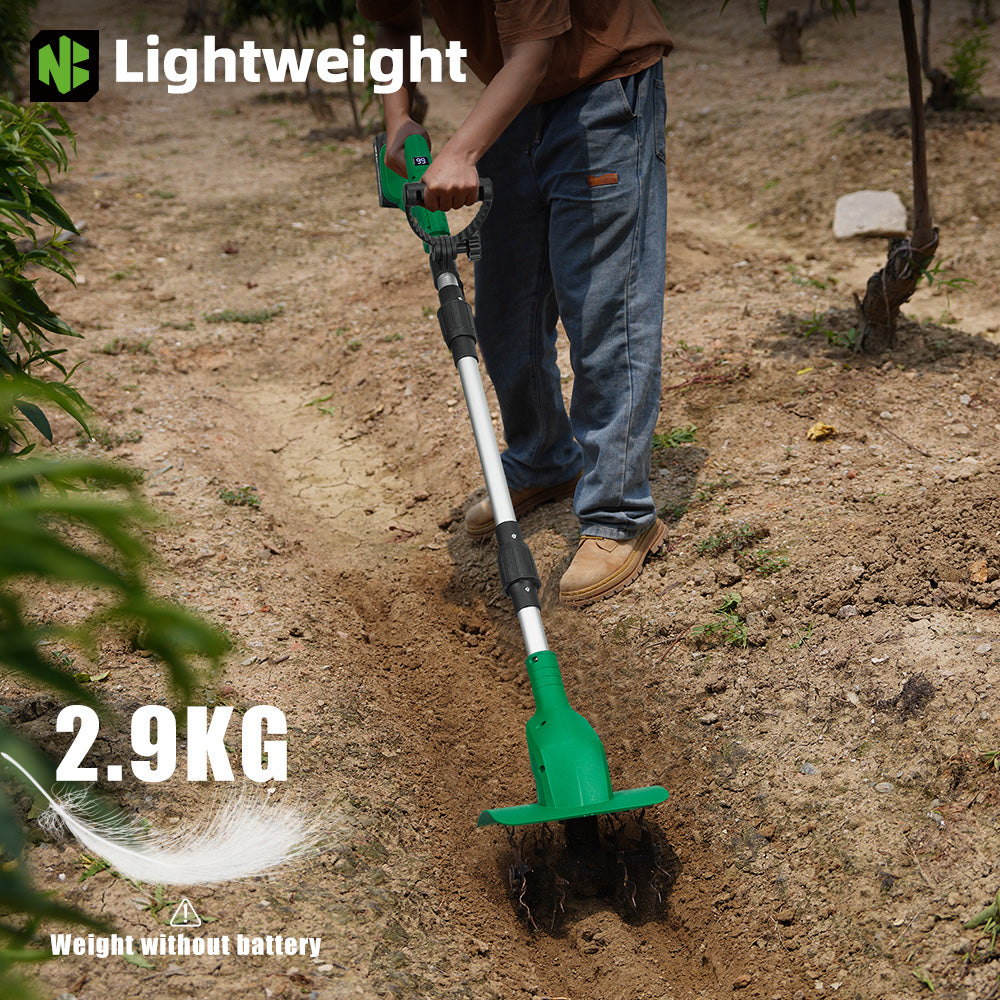 Person using a green cultivator in a garden with 'Lightweight' branding.