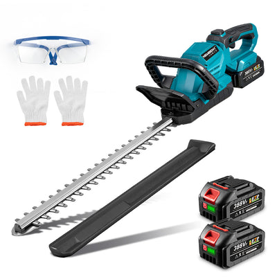 Newbeny's electric hedge trimmer set with safety glasses, gloves, and two batteries on a white background