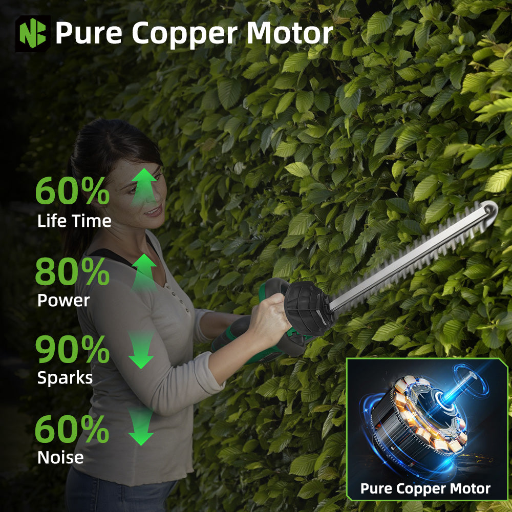Person using a hedge trimmer with performance stats on a green leafy background