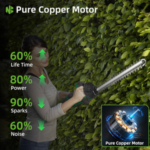 Person using a hedge trimmer with performance stats on a green leafy background