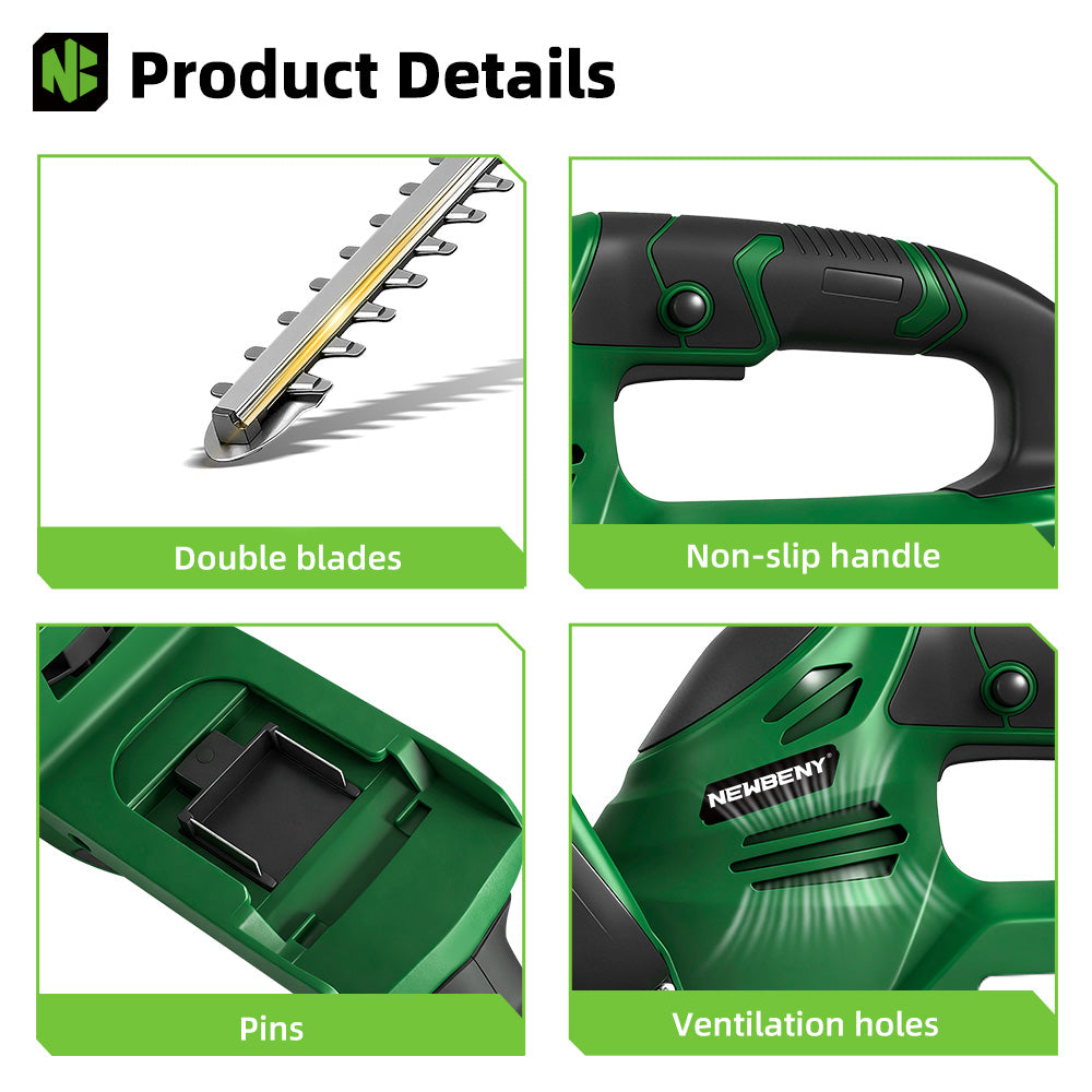 Product details of a hedge trimmer with double blades, non-slip handle, pins, and ventilation holes.