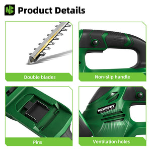 Product details of a hedge trimmer with double blades, non-slip handle, pins, and ventilation holes.