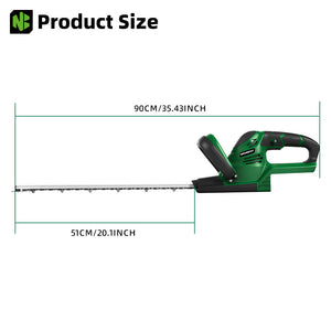 Measurement chart of a hedge trimmer with dimensions labeled.