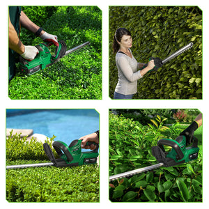 Four images showing people using a hedge trimmer on different types of greenery.