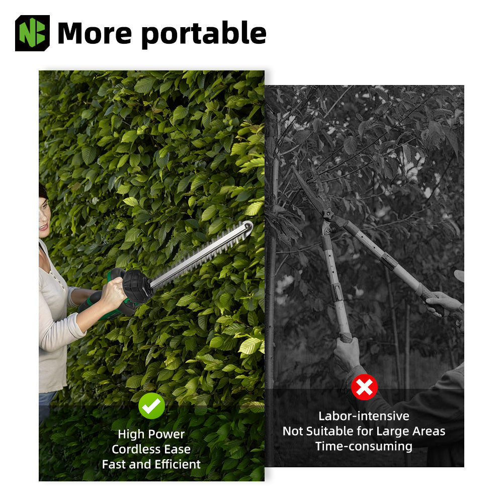 Person using a cordless hedge trimmer on a green hedge with text highlighting its advantages.