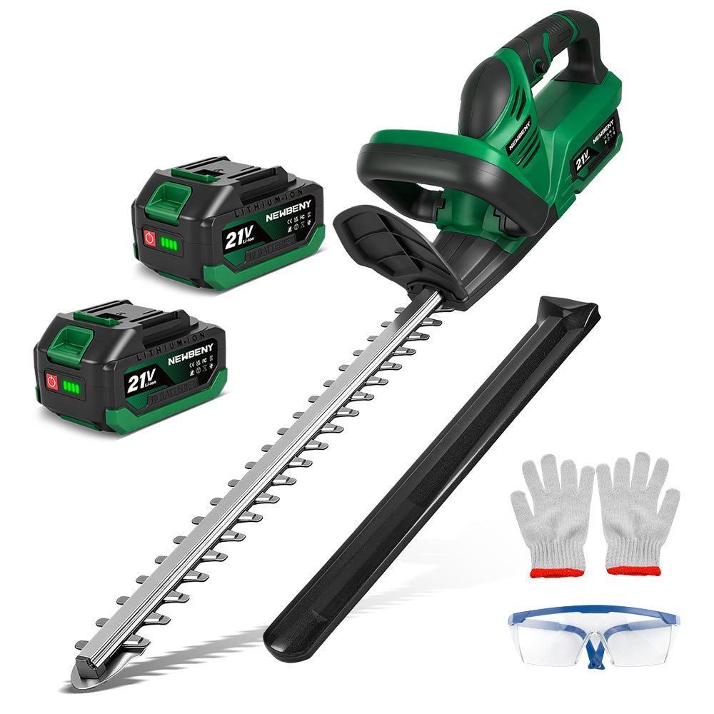 Newbeny Green and black hedge trimmer set with two batteries, gloves, and safety glasses on a white background