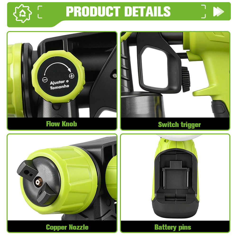 Product details of a green and black tool with flow knob, switch trigger, copper nozzle, and battery pins.