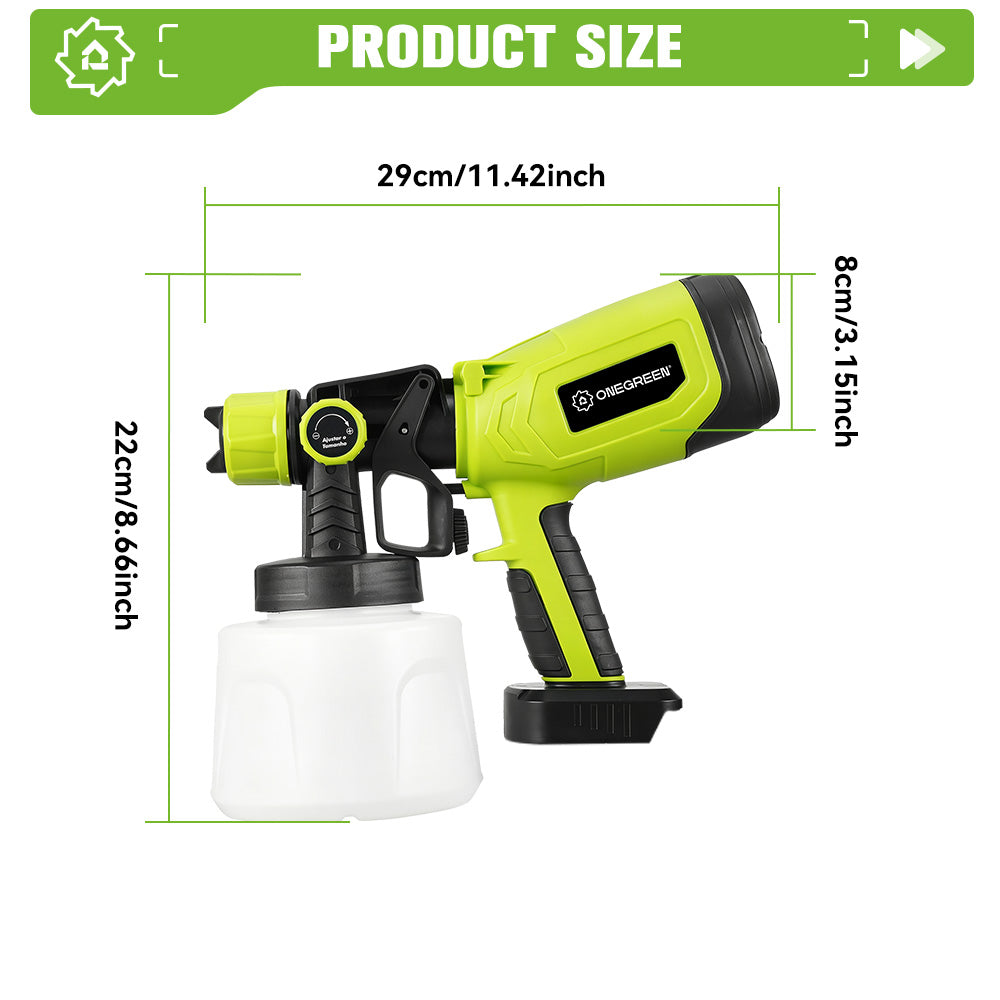 Green and black spray gun with measurements on a white background