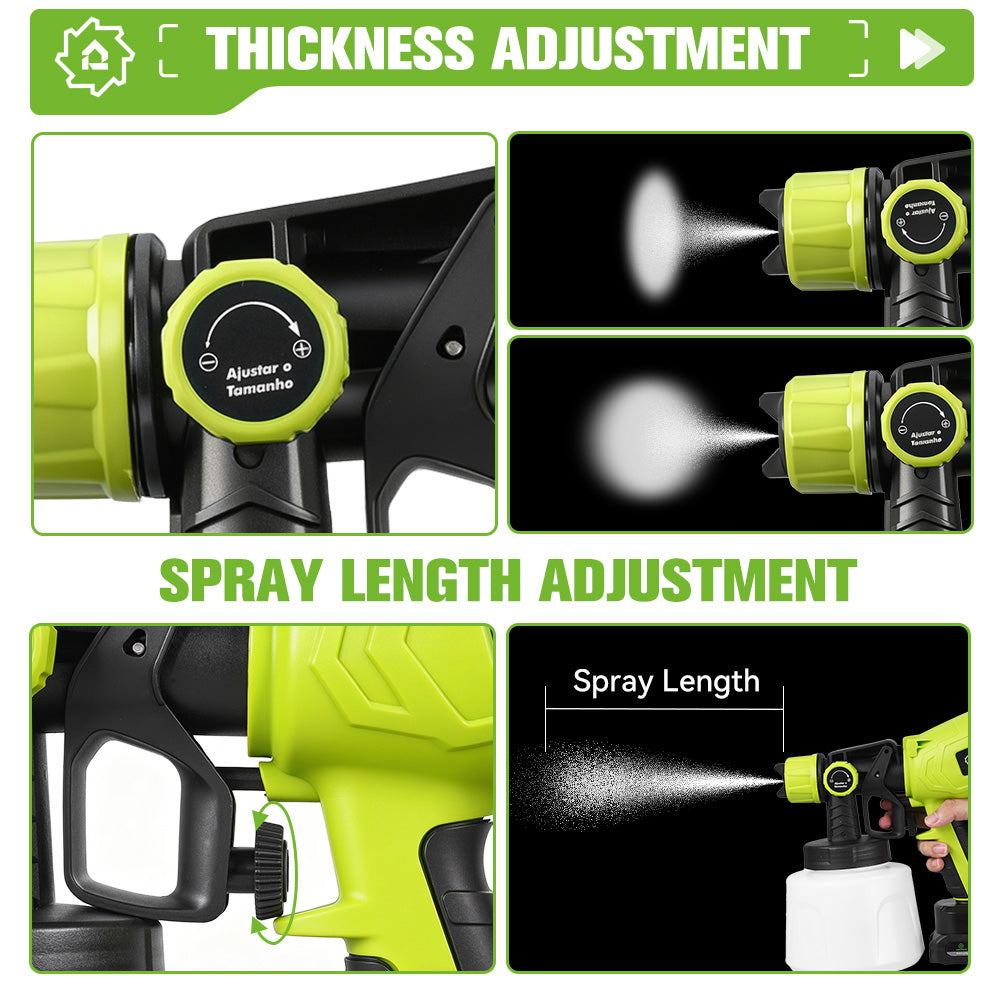 Spray gun with thickness and spray length adjustment features on a green background