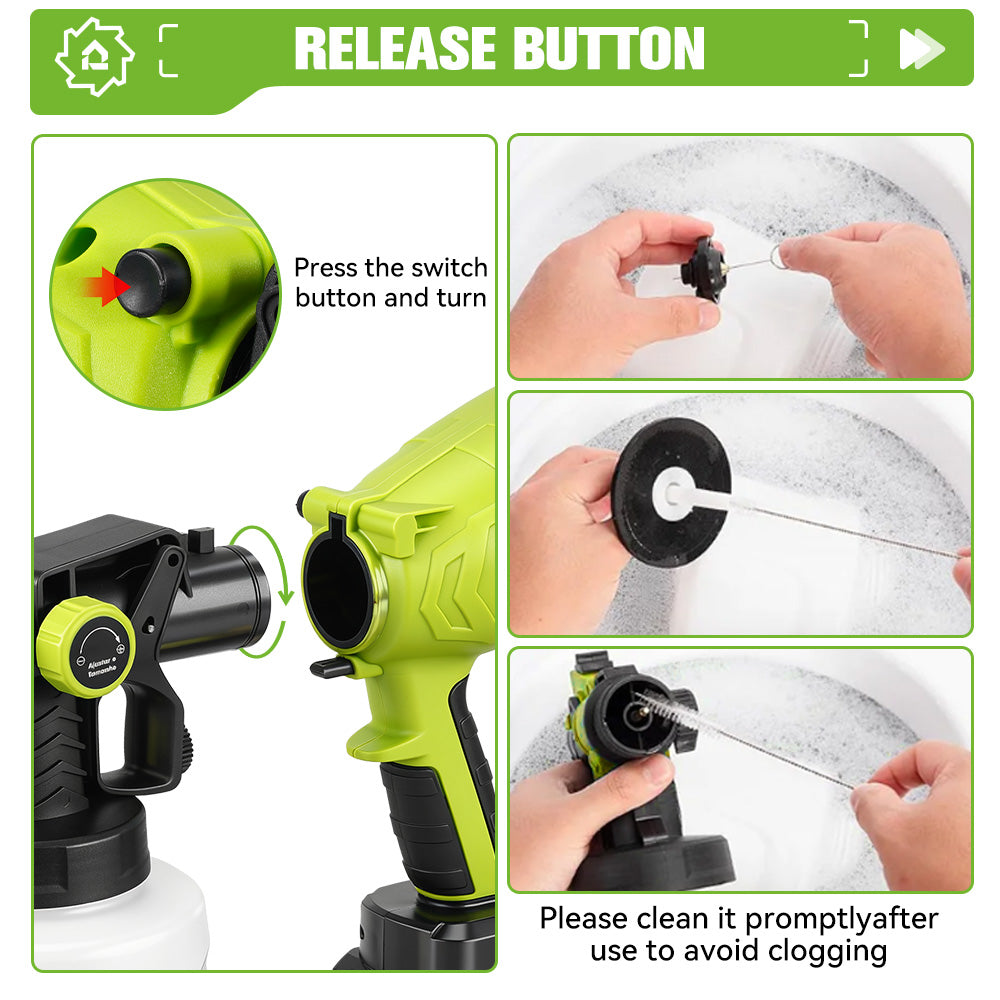 Instructions for using a green and black spray gun with text on how to operate and clean it.