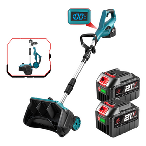 Electric snow shovel with two batteries and a battery indicator on a white background