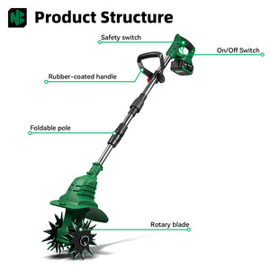 Gardening tool with labeled parts on a white background