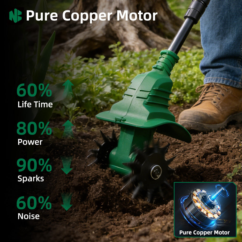 Garden tiller with pure copper motor features on a natural background