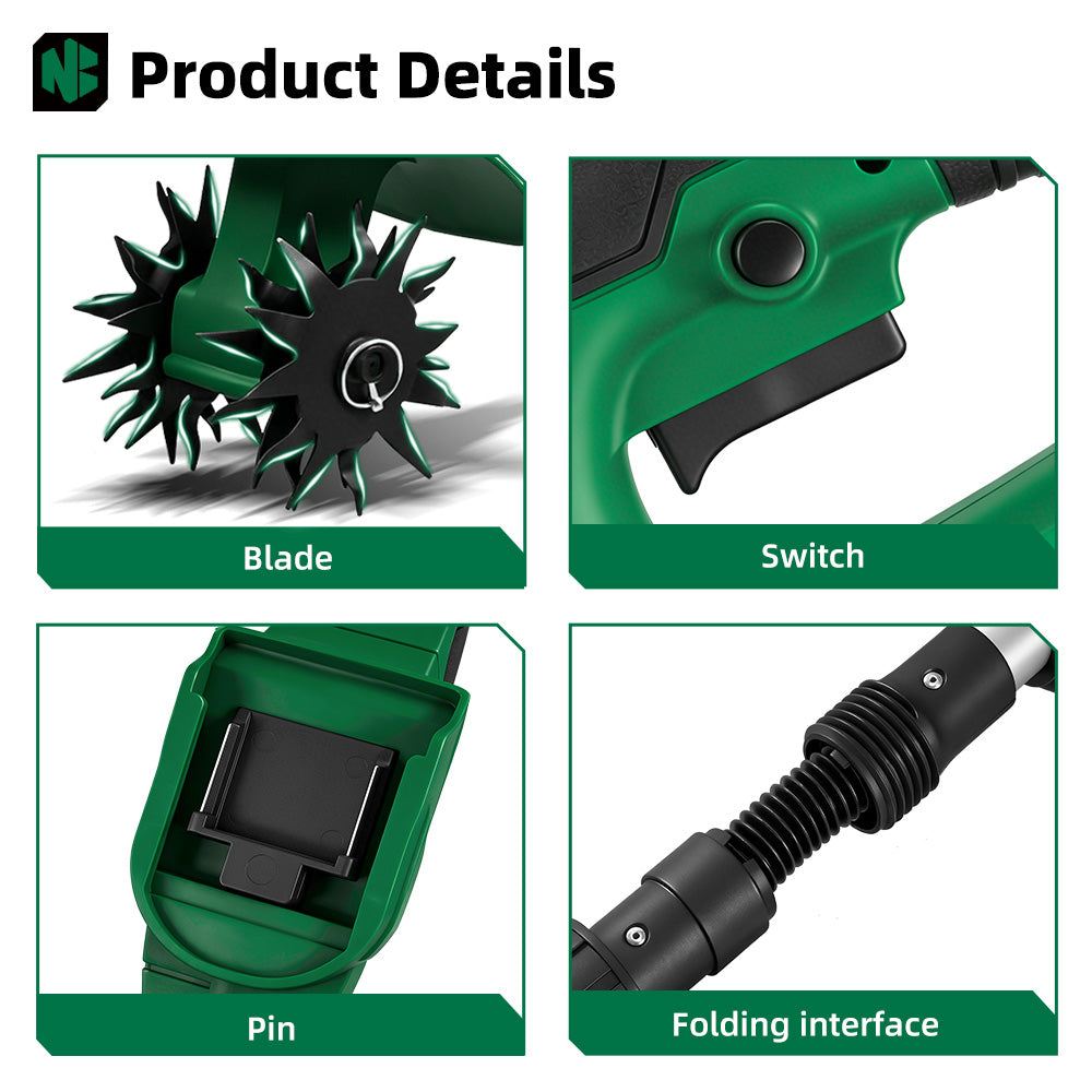 Garden tool with labeled parts including blade, switch, pin, and folding interface on a white background.