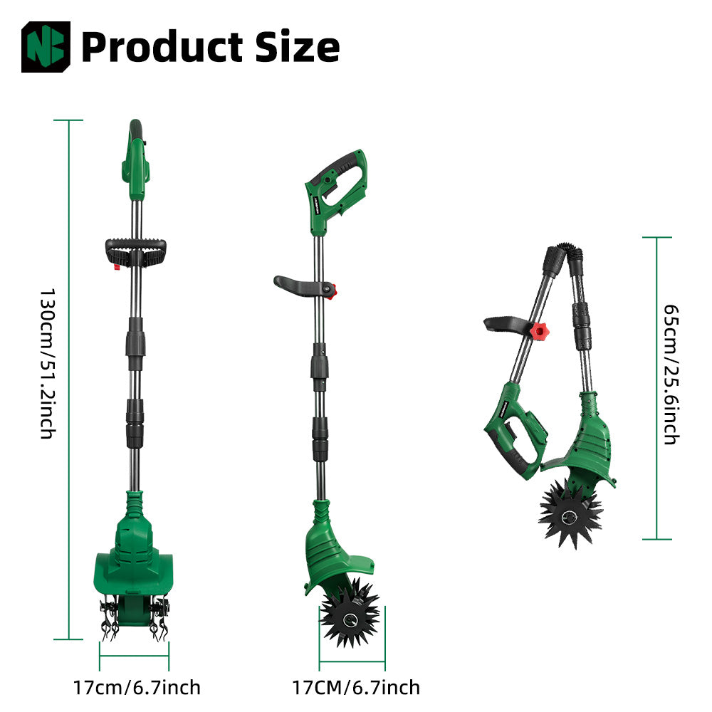 Gardening tool with adjustable length and attachments, shown with measurements on a white background.