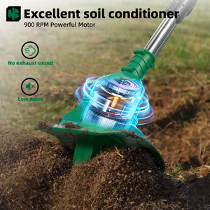 Gardening tool with a powerful motor on a background of soil and grass, highlighting its features.