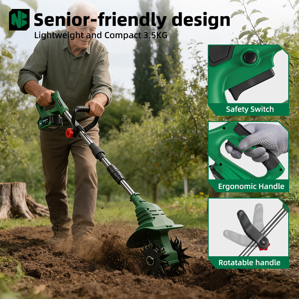 Man using a garden tiller with features highlighted on a green background