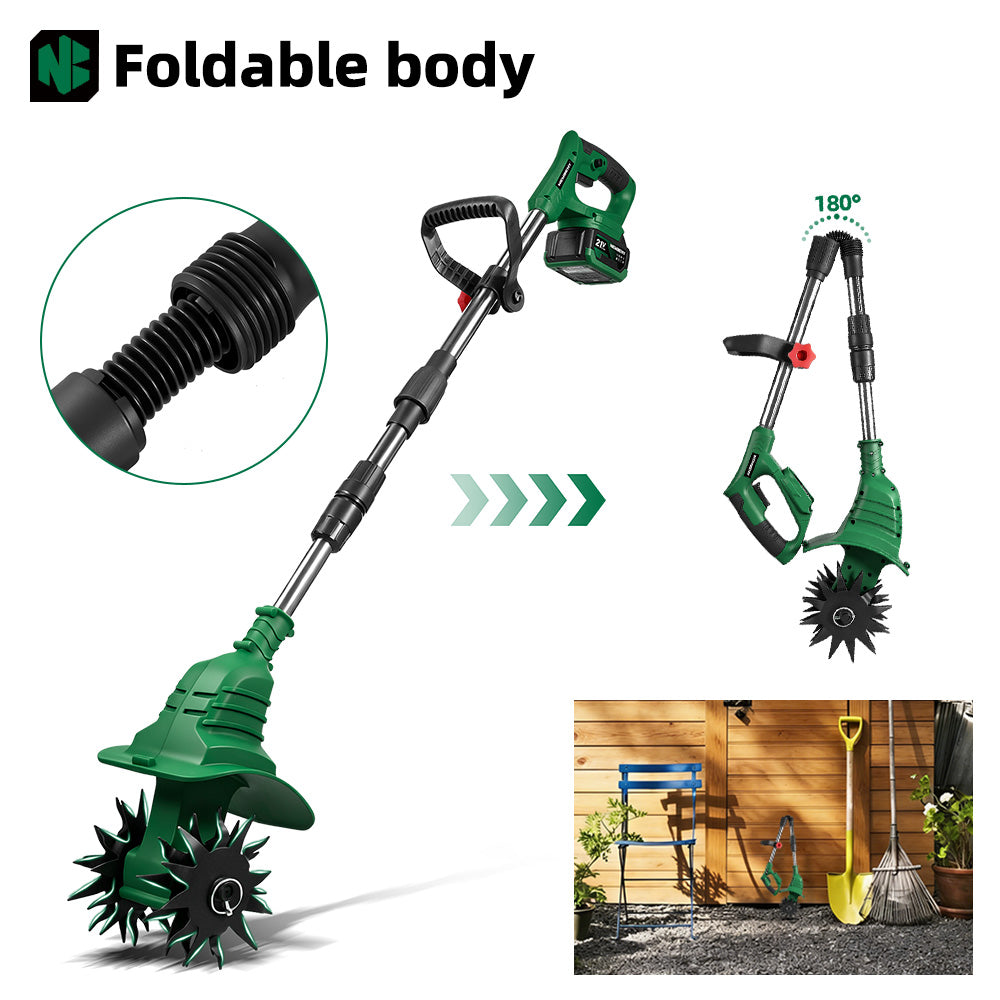 Gardening tool with foldable body feature, shown in use and on a white background.