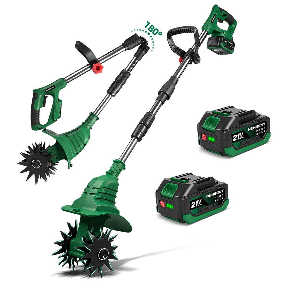 Green and black cordless garden tool with two batteries on a white background