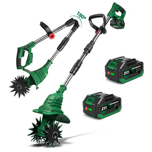 Green and black cordless garden tool with two batteries on a white background