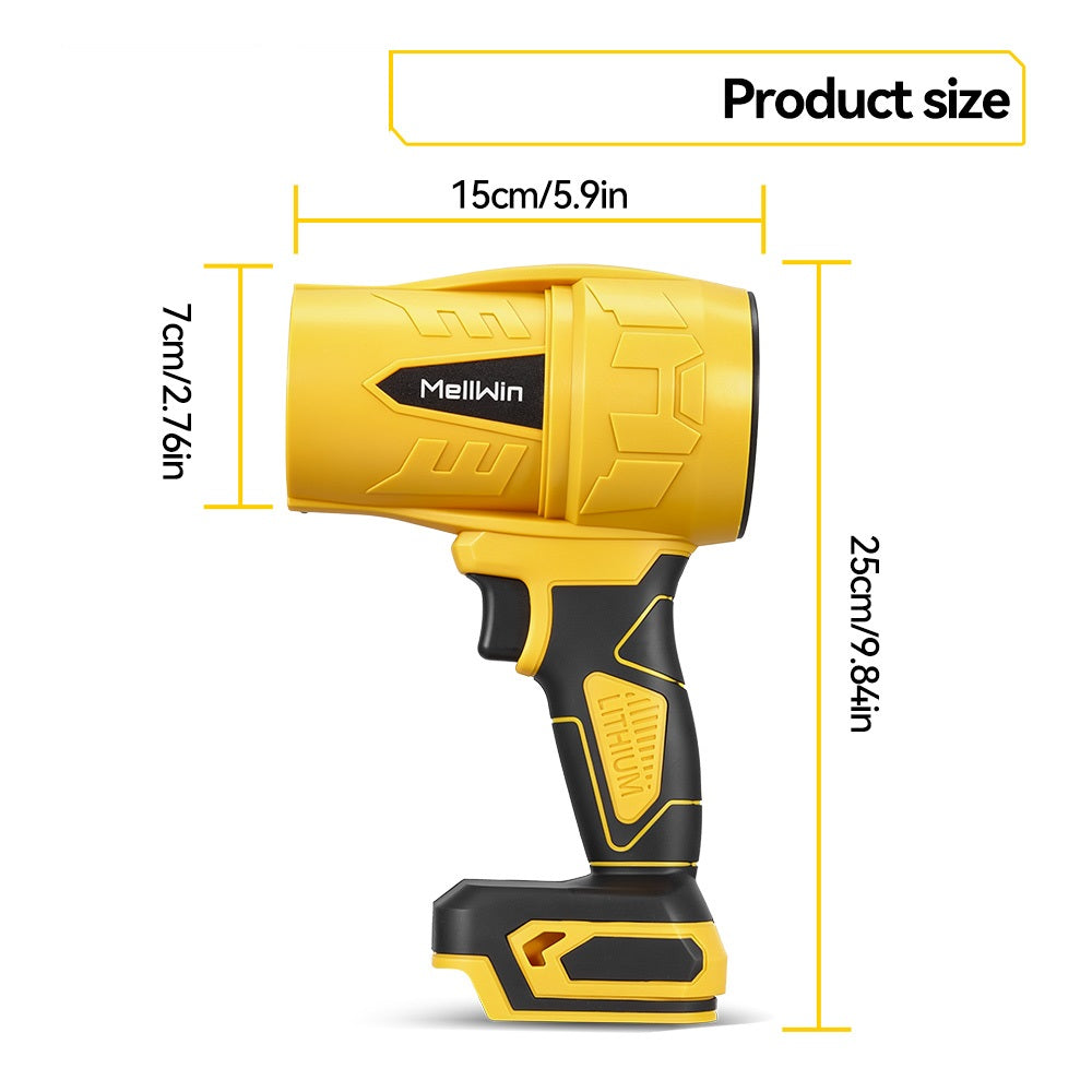 Yellow and black impact wrench with measurements on a white background