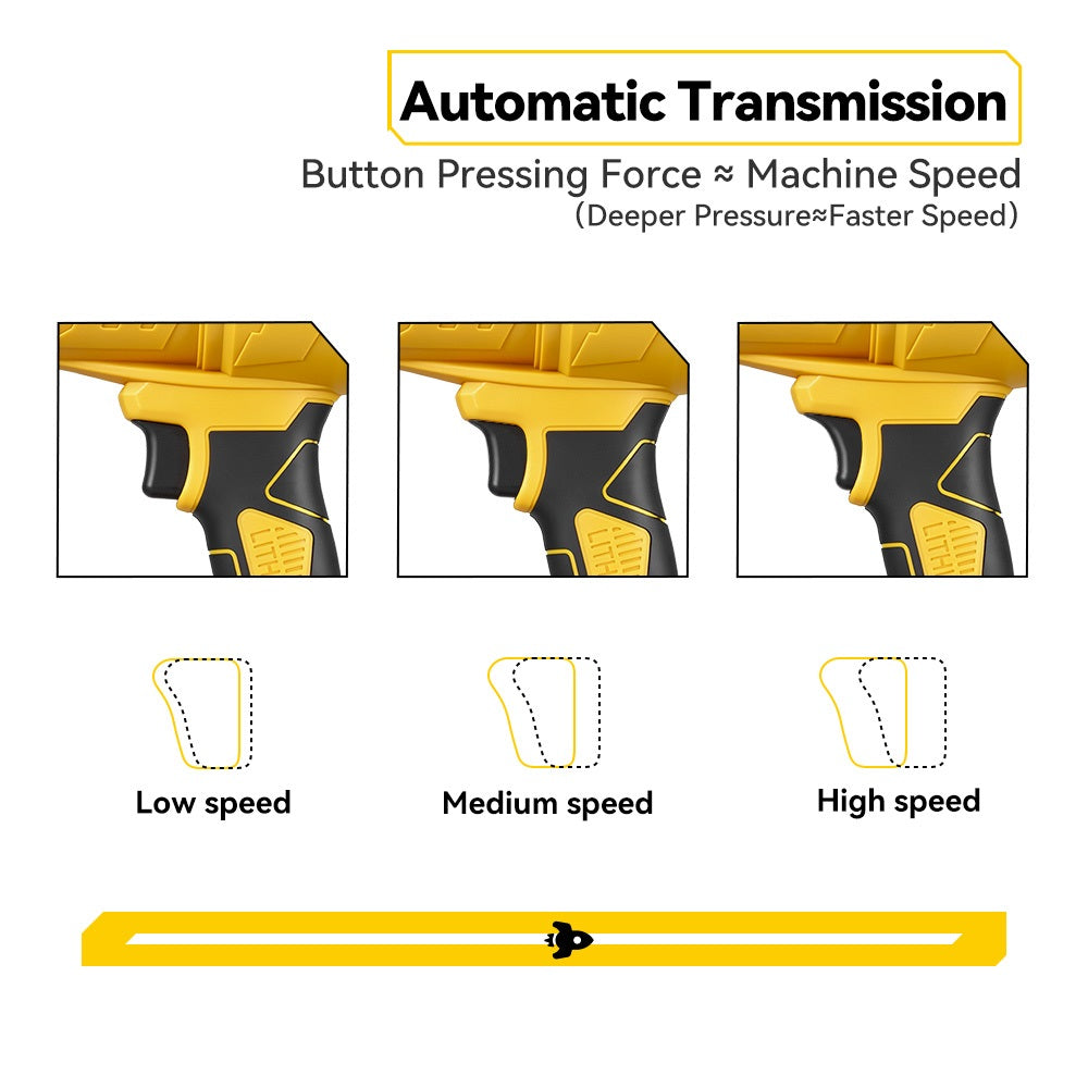 Illustration of a tool with different button pressing forces for low, medium, and high speeds on a white background.