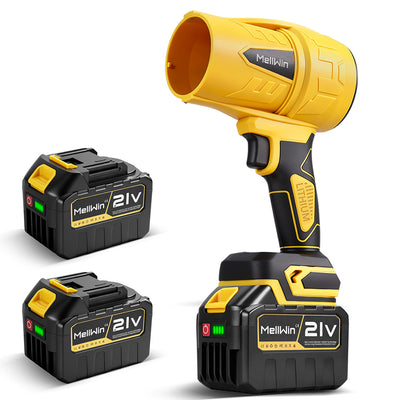 Yellow and black cordless turbo blower with two batteries on a white background