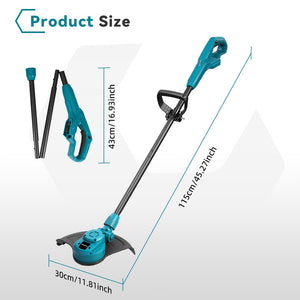 Measurement chart of a blue grass trimmer with dimensions labeled.