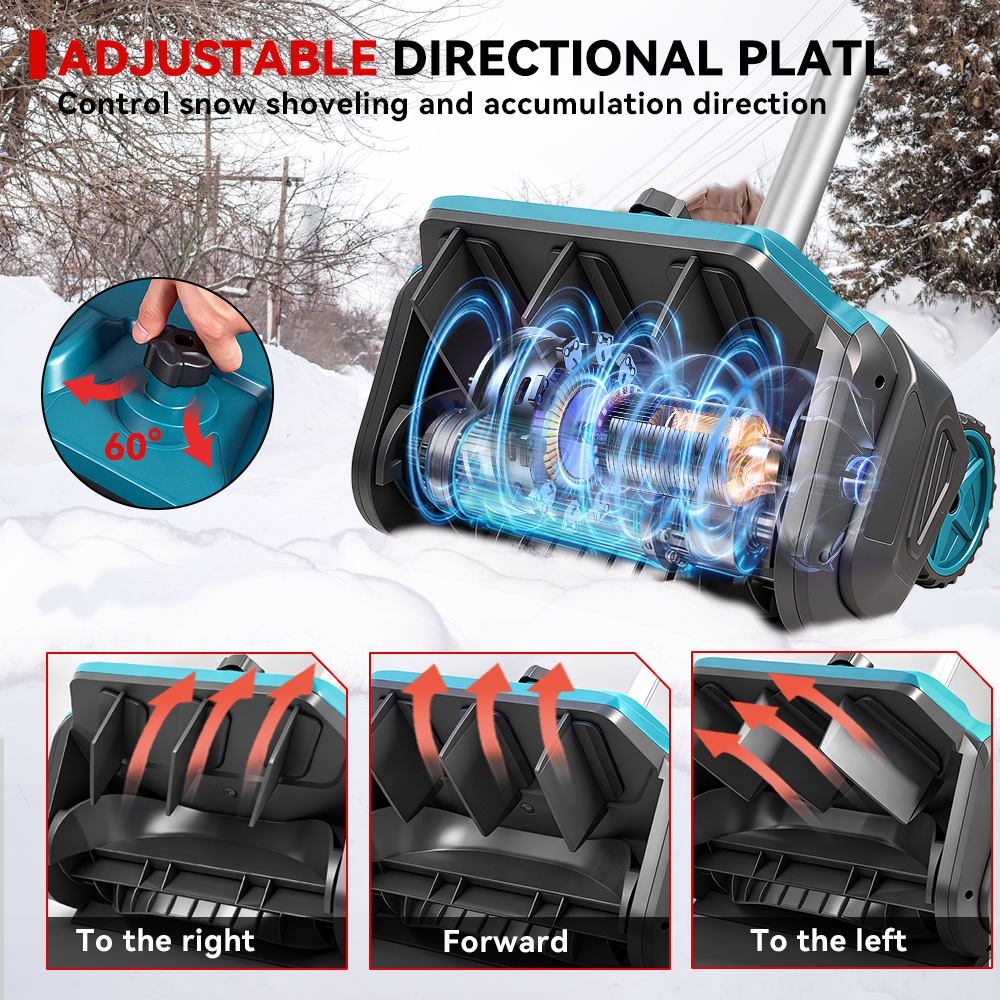 Snow shovel with adjustable directional plate feature, set against a snowy background.