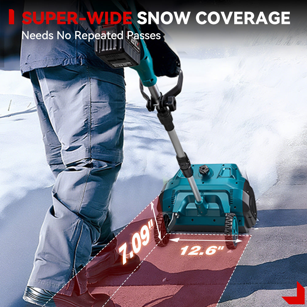 Person using a snow removal tool with text about super-wide snow coverage on a snowy background
