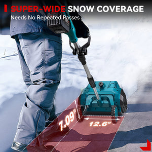 Person using a snow removal tool with text about super-wide snow coverage on a snowy background
