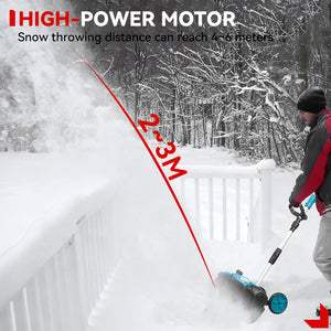 Person using a snow thrower with text highlighting high-power motor and snow throwing distance in a snowy outdoor setting.